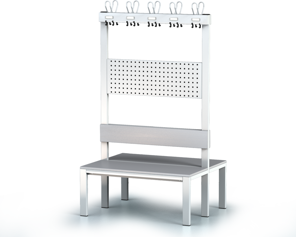 Double-sided benches with backrest and racks, laminated desk -  basic version 1800 x 1000 x 830